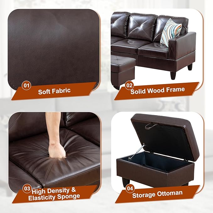 Osparple L Shaped Couch Faux Leather Sectional Couches - Image 5