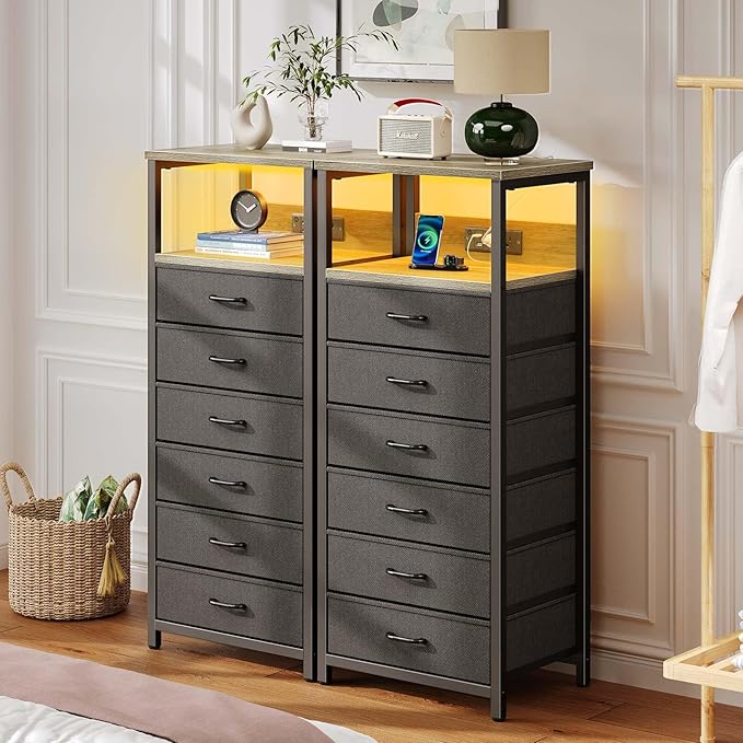Seventable Night Stand with Charging Station, Tall Nightstand with 6 Fabric - Image 7