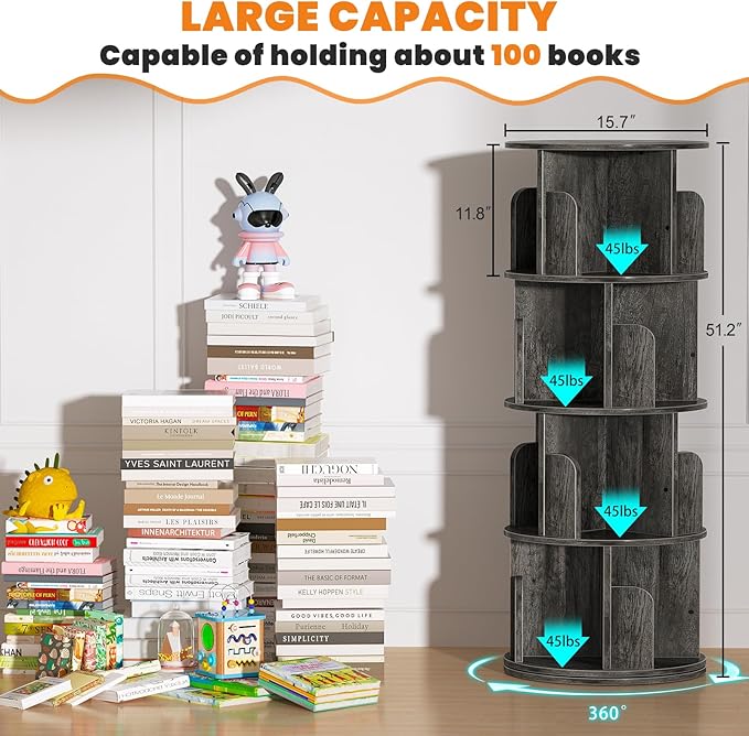 Rotating Bookshelf, Wood Corner Bookshelf, 360 Display Spinning Bookcase - Image 2