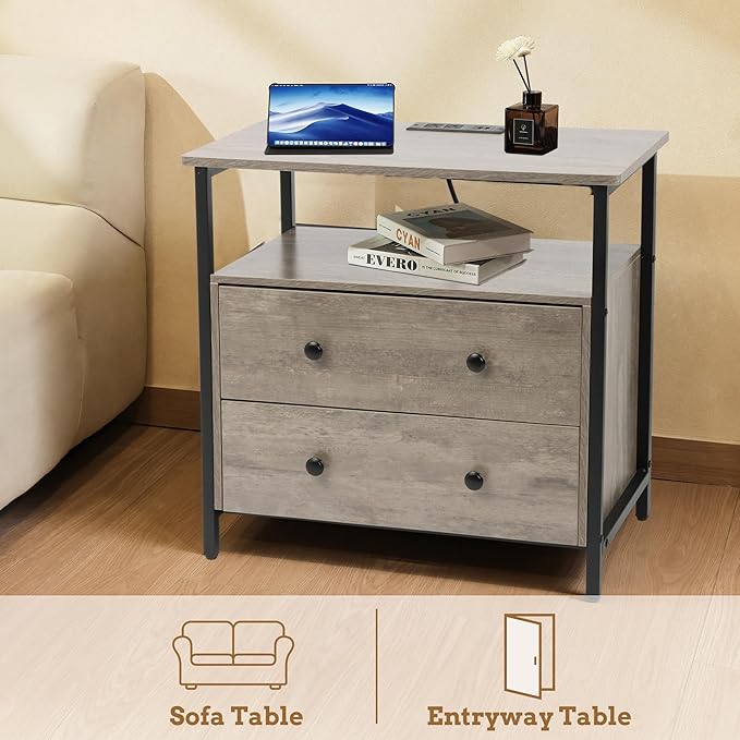 27 inch Wide Nightstand with Charging Station, Bedside Table with Open Shelf - Image 8