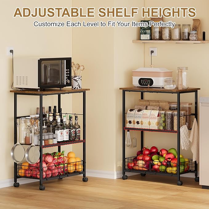 Rolling Kitchen Microwave Stand, 3-Tier Microwave Cart Table - Image 2