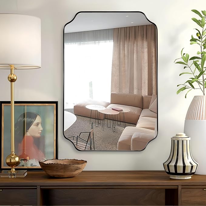 Black Wall Mirror, Unique Curved Edge Design, Anti-Rust SUS304 Frame, Hangs by Mirrorartmirror