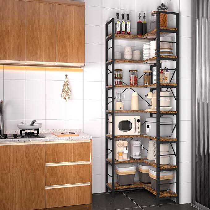 7-Tier Corner Bookshelf, Reversible Wooden Shelves, Industrial Bookcase - Image 7