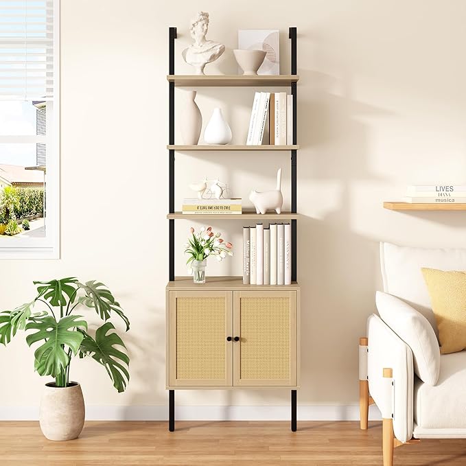 Yusong 73" Tall Bookshelf with Cabinet, Industrial Ladder Wall Mount Shelf - Image 2