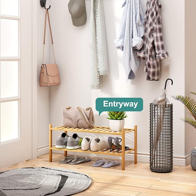 2-Tier Bamboo Shoe Rack for Entryway, Bamboo Wood Shoe Organizer for Hallway - Image 4