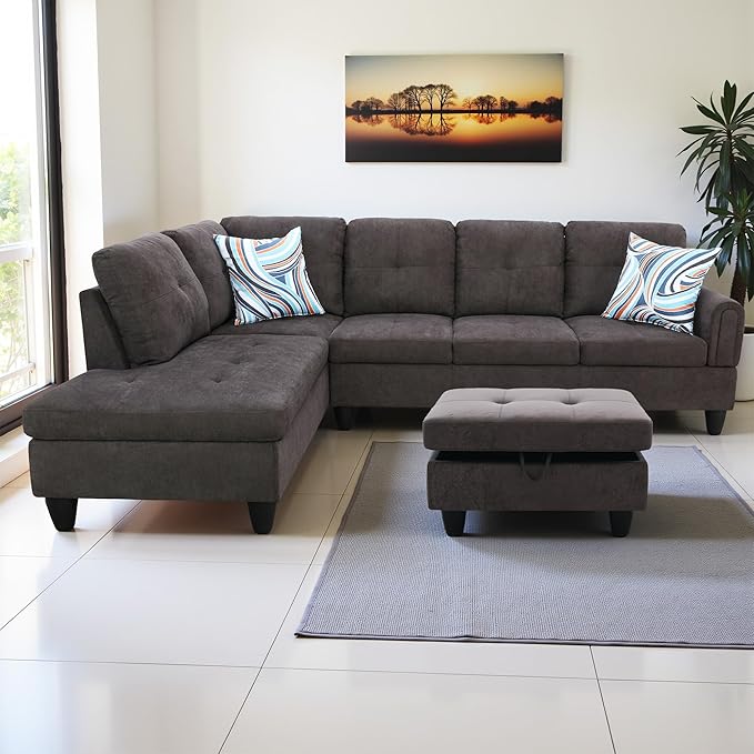 L Shaped Couch Modern Sectional Couch Upholstered Fluffy Fabric 3 Pieces Sofas - Image 4