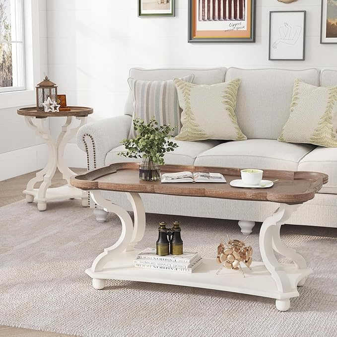 Function Home Farmhouse Coffee Table, Rustic White Cocktail Table - Image 4