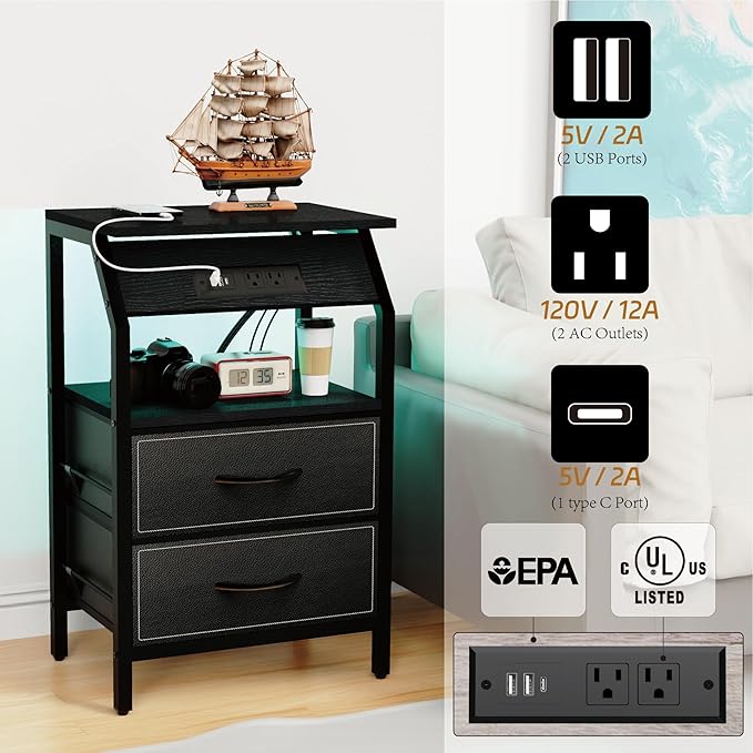 End Table with Light, LED Nightstand with 2 Drawers and Type C Charging Station - Image 8