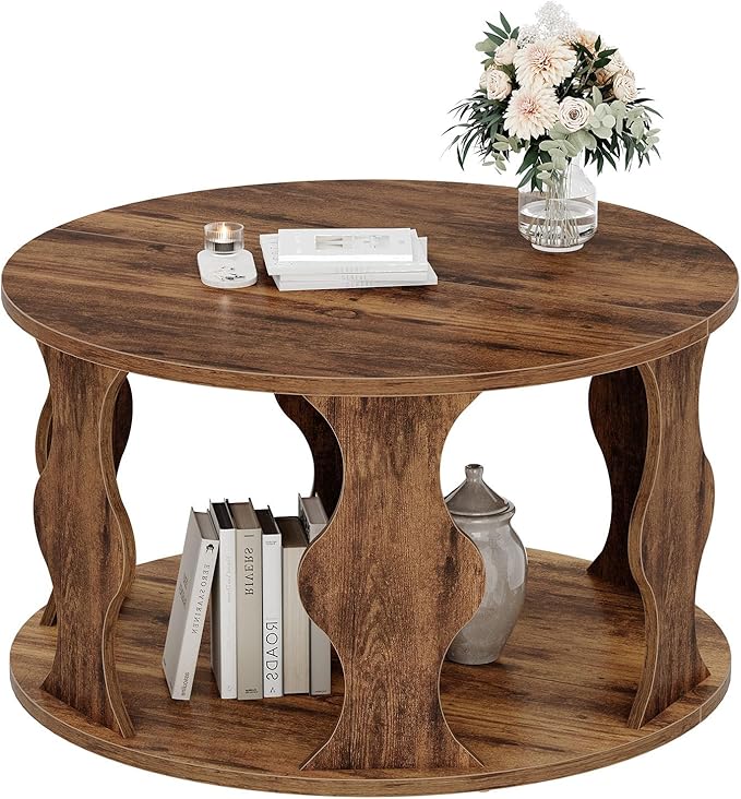 HSH Round Wood Coffee Table, Rustic Brown Circle Center Table - Image 8