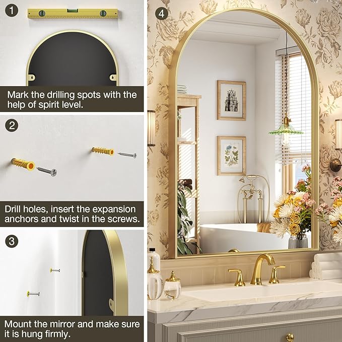 Brightify Arched Mirror, 22 x 30 Inch Gold Arch Mirror, Metal Frame Gold Arched - Image 6