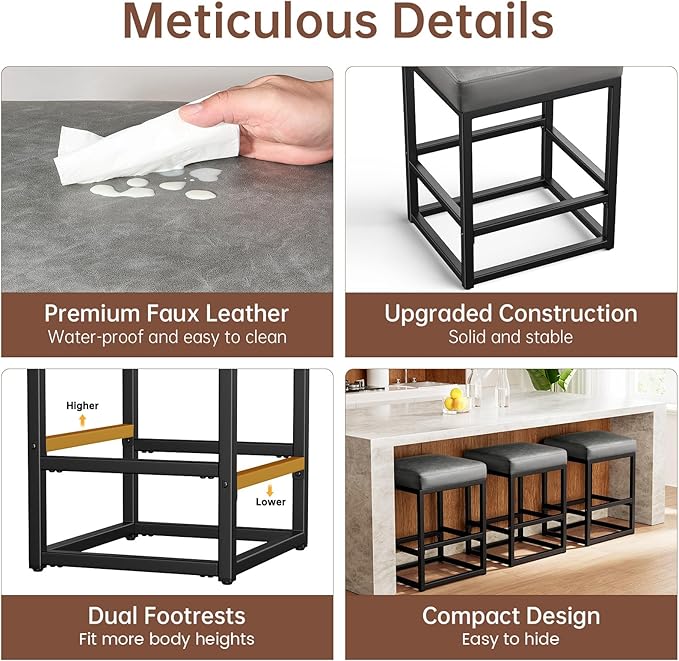 Counter Height Bar Stools Set of 3, Faux Leather Counter Stools - Image 5
