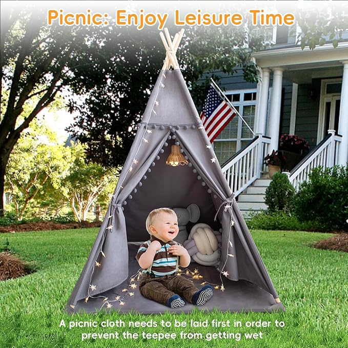 Teepee Tent for Kids with Mat, Star Lights, Carry Case, Cotton Canvas Playhouse - Image 2