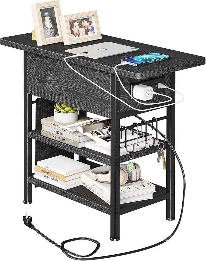 End Table with Charging Station, Flip Top Nightstand with USB Ports and Outlets by Homeiju