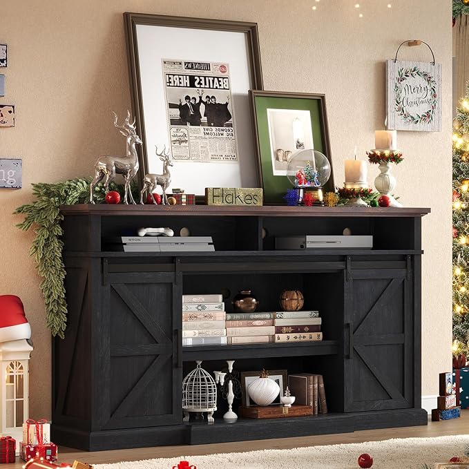 66" Farmhouse TV Stand with Sliding Barn Doors, Rustic Media Console Table - Image 7