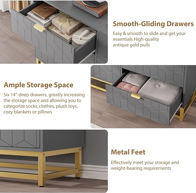 GAOMON Grey Dresser for Bedroom, Modern 6 Drawer Double Dresser - Image 6