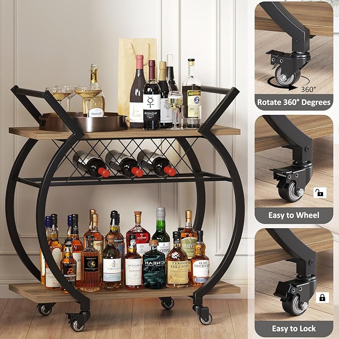 LVB Bar Cart with Wine Rack, 2 Tier Kitchen Cart on Wheels, Modern Wood and - Image 5