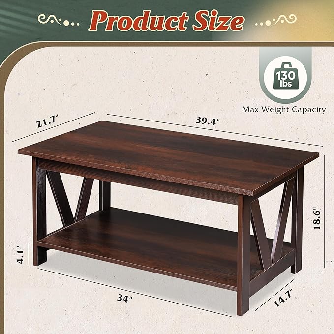 WLIVE Coffee Table with Storage Shelf, 39.4" Farmhouse Coffee Table with - Image 3