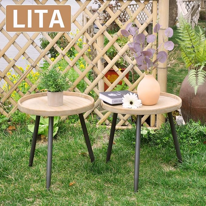 LITA 2 Pcs Round Side End Table, Nightstand Tables, Log Desktop, Wooden Tray - Image 7