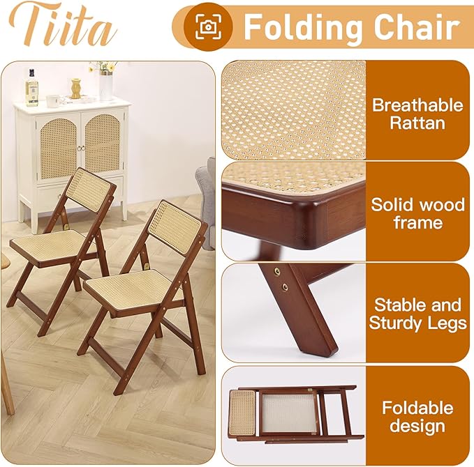 Tiita Rattan Dining Chairs Set of 2, Mid Century Modern Folding Chair, Bamboo - Image 4