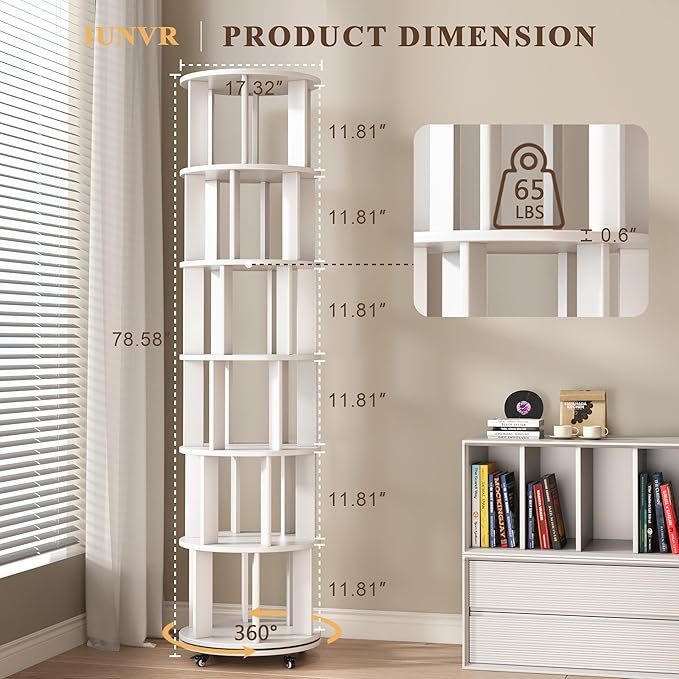 6 Tier Bookshelf Tower, 360° Solid Wood Spinning Bookcase - Image 2