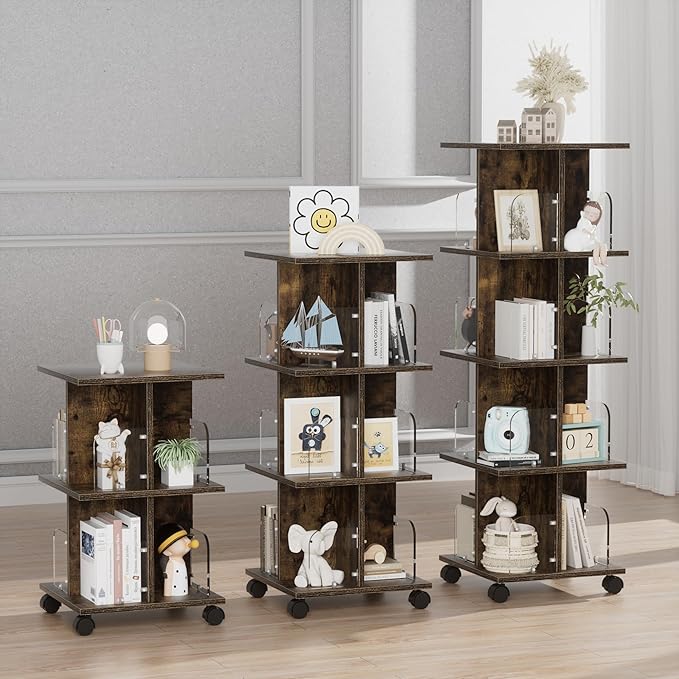 VECELO Rotating Bookshelf with Brake Wheels, 360°Display 4 Tier Floor Stackable - Image 3