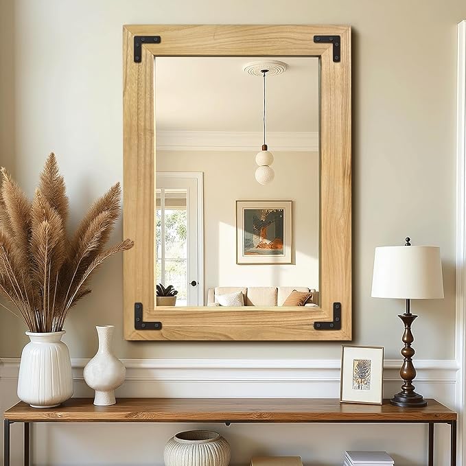 Bathroom Mirror for Wall with Wooden Frame, Vertical or Horizontal Hanging by TRAHOME