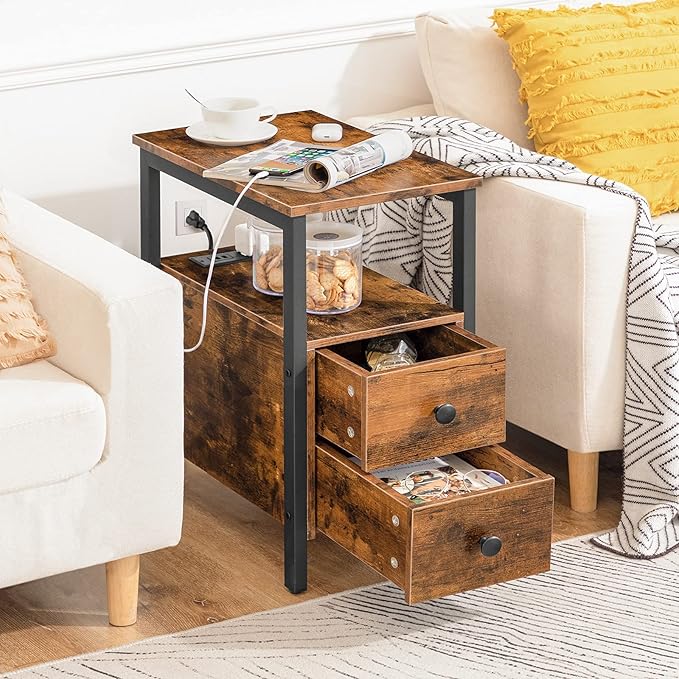 HOOBRO End Table with Charging Station, Narrow Side Table with 2 Drawer & USB - Image 4