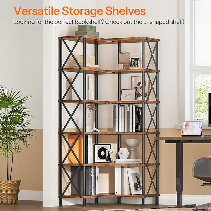 HOOBRO Corner Bookshelf, 6-Tier L-Shaped Bookcase, Industrial Open Display - Image 3