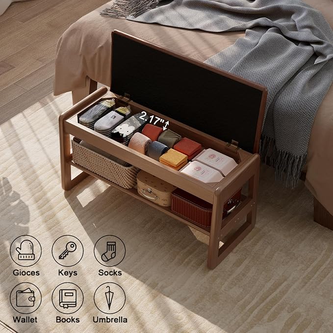 Shoe Rack Bench with Leather Cushion, 2 Tiers Shoe Bench with Flip-Top Storage - Image 4