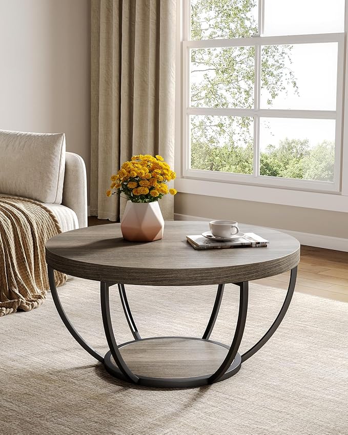 LITTLE TREE Round Coffee Table, 2-Tier Wood Accent Center Table - Image 2