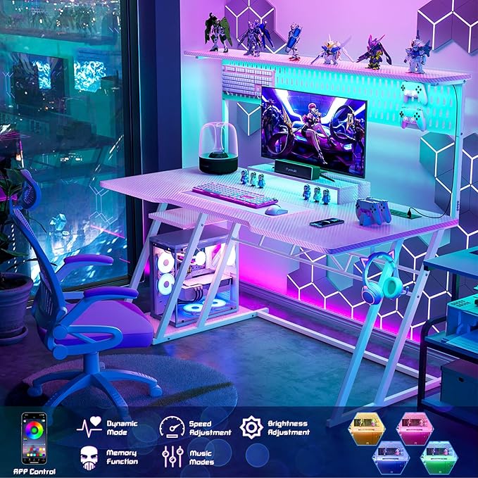 Armocity Pink Gaming Desk with Hutch and LED Lights, Reversible PC Gaming Desk - Image 4