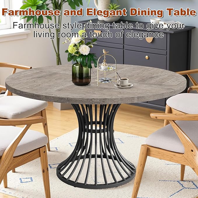 Round Dining Table for 4, 47-Inch Farmhouse Dinner Table Wooden Circle Kitchen - Image 6