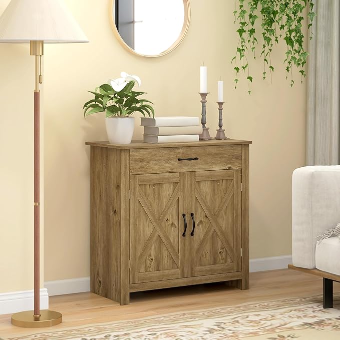 HOMCOM Farmhouse Sideboard Buffet Cabinet, Barn Door Coffee Bar Cabinet - Image 8