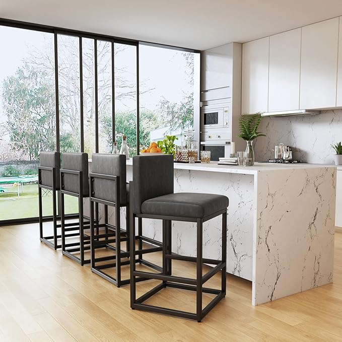 Barstools Set of 2 Grey Metal Bar Stools Modern Bar Chairs Pu Leather - Image 7