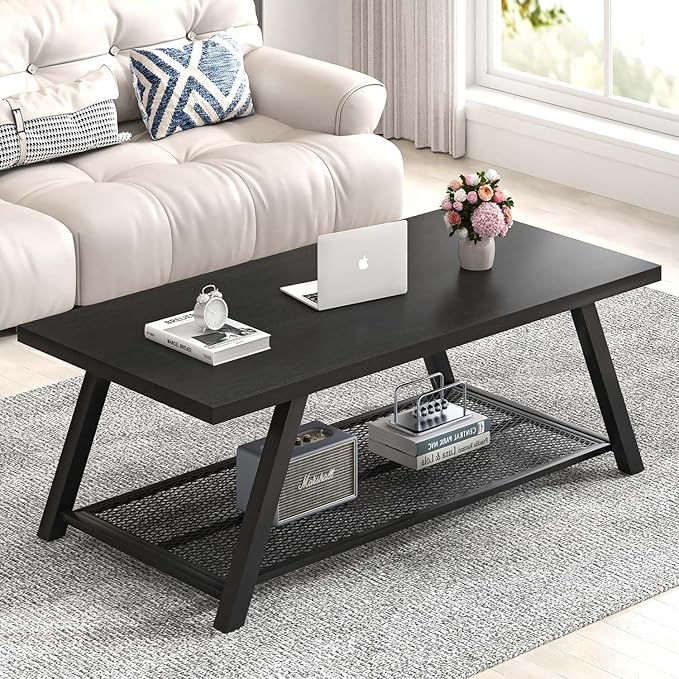 FOLUBAN Black Coffee Table, Modern Rustic Wood and Metal Living Room Table - Image 3