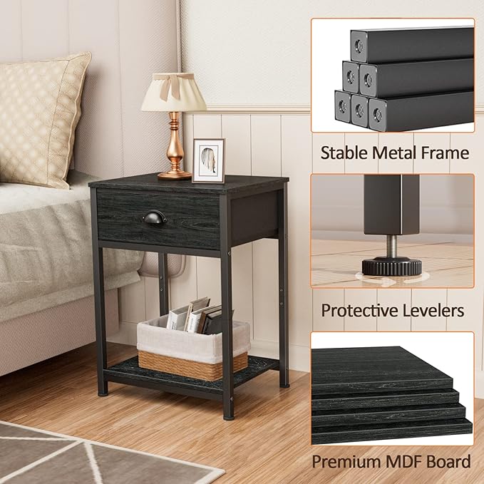 Furologee Nightstand with Fabric Drawer & Storage Shelf, Small Bedside Table - Image 4