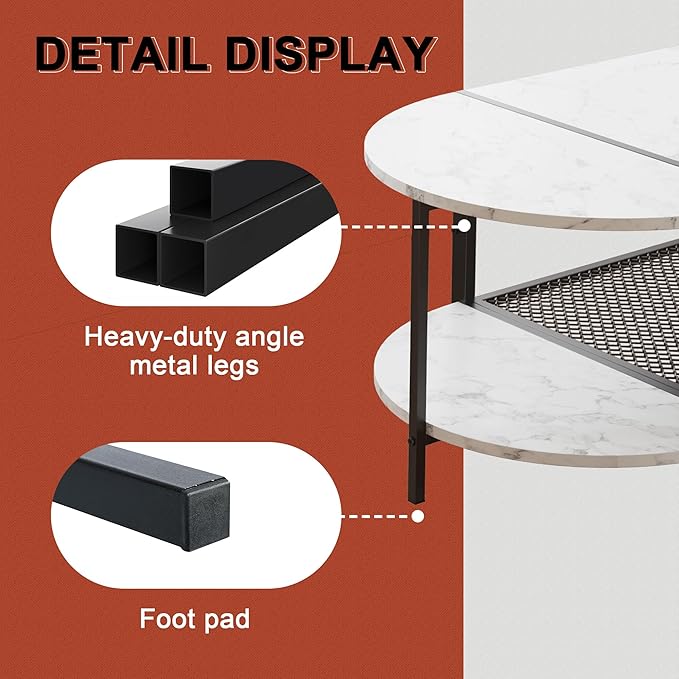 SENIG Oval Coffee Table with Faux Marble Top, 2-Tier Storage Shelf and Metal - Image 5