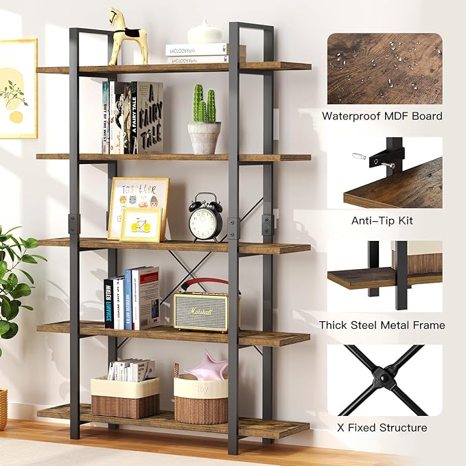 FRAPOW 5 Tier Bookshelf, 70 inch Tall Solid Bookcase Industrial Wooden - Image 5