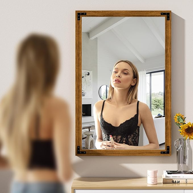 Hasipu Farmhouse Bathroom Mirror, Walnut Vintage Vanity Mirror Modern Farmhouse - Image 5