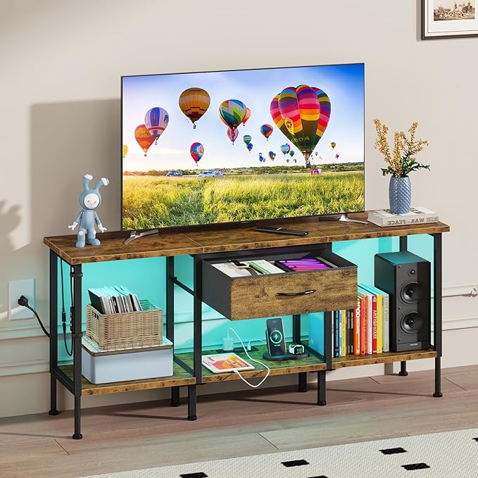 LED TV Stand with Power Outlet and Fabric Drawer - Image 9