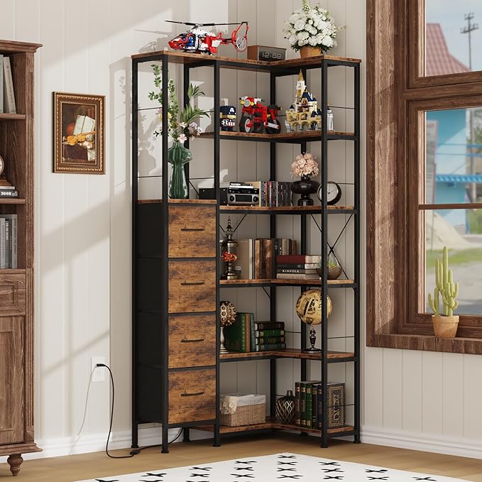 Corner Bookshelf with LED Light Strips & 4 Fabric Drawers, 6-Tier Convertible - Image 6
