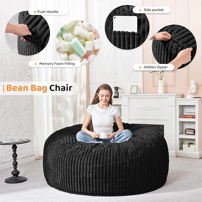 HABUTWAY 4FT Bean Bag Chair, Memory Foam Beanbag Chair - Image 3