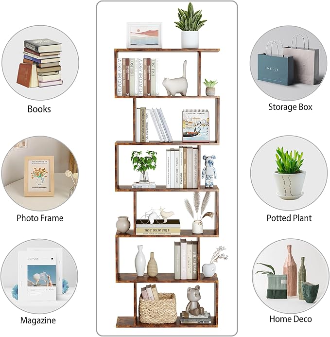 Yusong Geometric Bookcase, Bookshelf 6-Tier S Shaped Book Shelves - Image 7