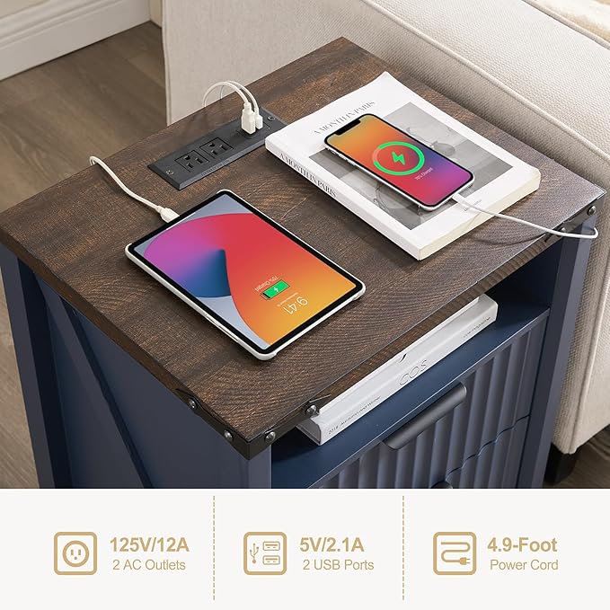 Navy Blue Nightstand with Charging Station - Image 4