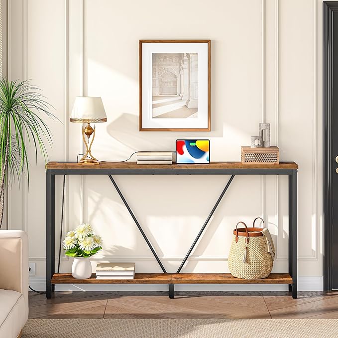 HOOBRO 63" Console Table with Charging Station, 2-Tier Extra Long Sofa Table - Image 2