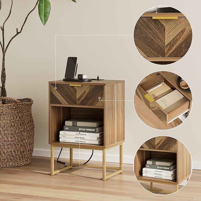 Masupu Nightstand with Charging Station, Modern Night Stand Boho Farmhouse Wood - Image 5