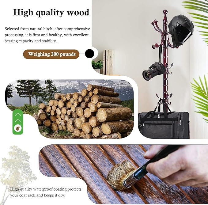 Coat Rack Stand, Solid Wooden Coat Tree - Image 3