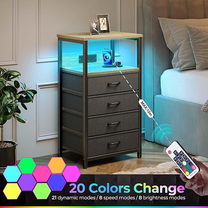 Seventable Night Stand with Charging Station, Tall Nightstand with 4 Fabric - Image 6