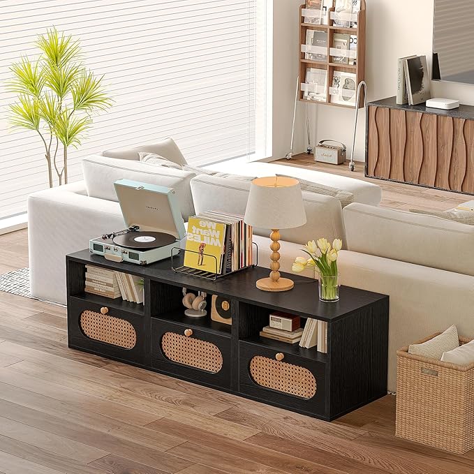 3-in-1 Modular TV Stand with Rattan Doors, DIY Media Console Boho Entertainment - Image 4