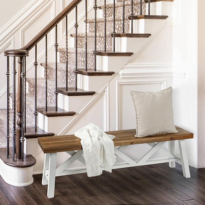 Wnutrees 54" Farmhouse Wood Bench, Rustic Solid Wood Entryway Bench Seat - Image 5